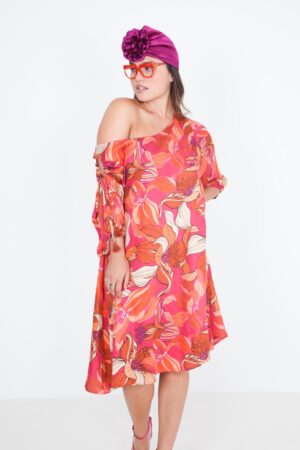 Sukienka plus size pomarańczowo- różowa na jedno ramię JPM