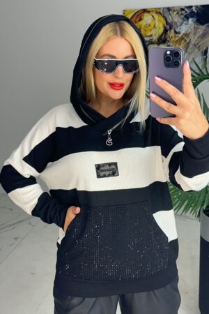 Bluza plus size czarno-biała w paski z kapturem i kieszenią Lamaxx