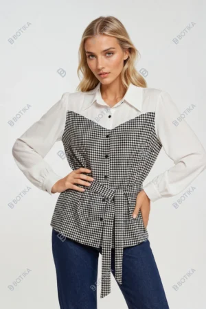 Bluzka koszulowa plus size z paskiem w pepitkę