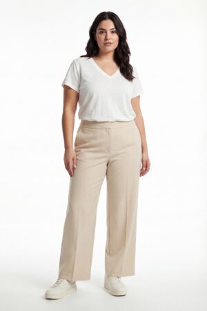 Eleganckie spodnie plus size beżowe JMP z szeroką nogawką