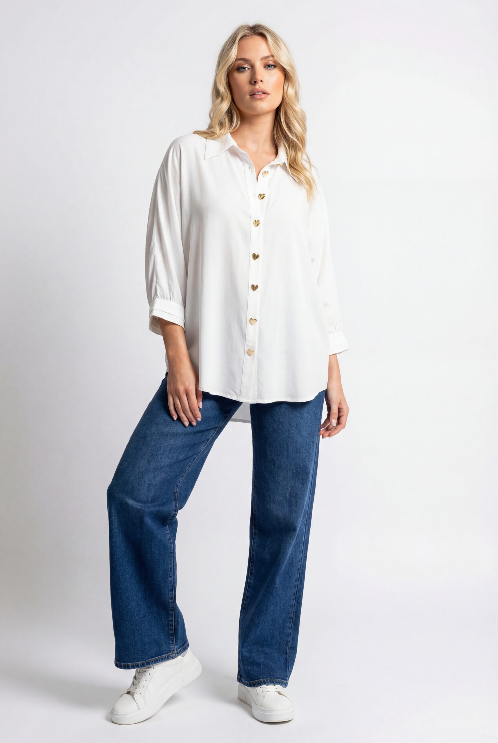 Elegancka bluzka JMP plus size 100% wiskoza – klasyczna biel ze złotymi guzikami - obrazek 2