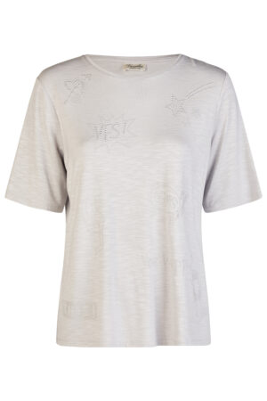 Jasnoszara bluzka plus size Barbara Lebek –  ozdobne aplikacje, krótki rękaw