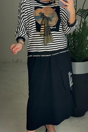 Stylowy komplet plus size Lamaxx ze spódnicą –  czarno-biały