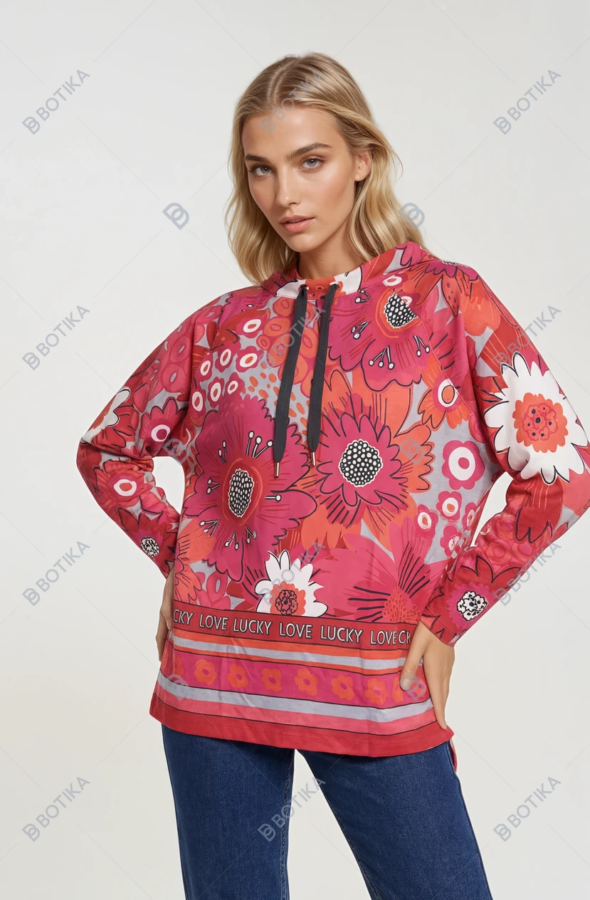 Bluzka plus size różowa w kwiaty z wiązaniem przy dekoldzie