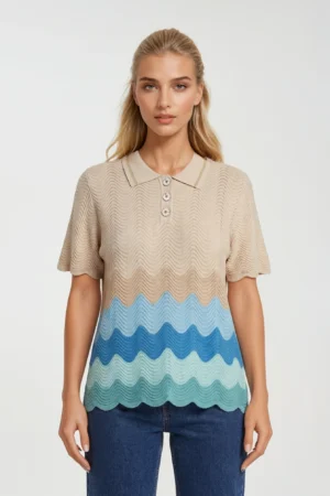 Bluzka z kołnierzykiem Leo Guy plus size – elegancja w odcieniach beżu i błękitu