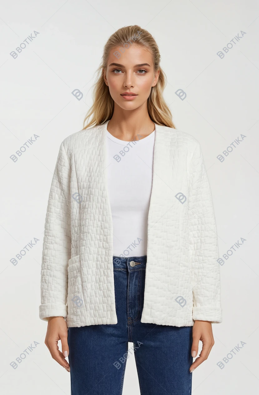 Biały Biały żakiet plus size z fakturowanego materiału – elegancja i nowoczesna lekkość