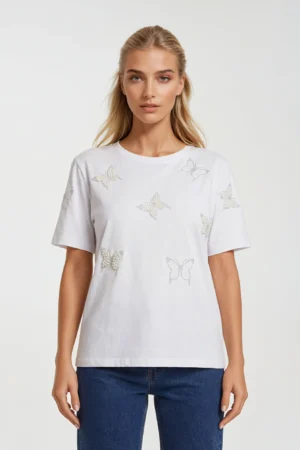 T-shirt damski z aplikacją motyli