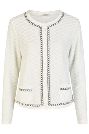 Żakiet plus size Barbara Lebek elegancki biały z ozdobnym wykończeniem