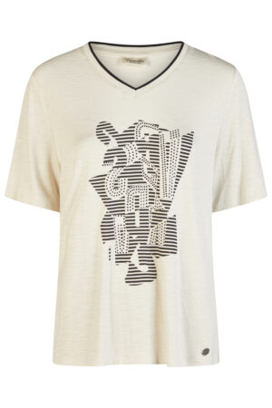 Stylowa, beżowa bluzka plus size Barbara Lebek z aplikacją