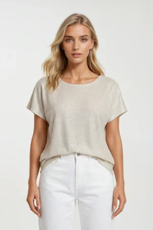 Stylowa beżowa bluzka z satynowym połyskiem plus size Masai