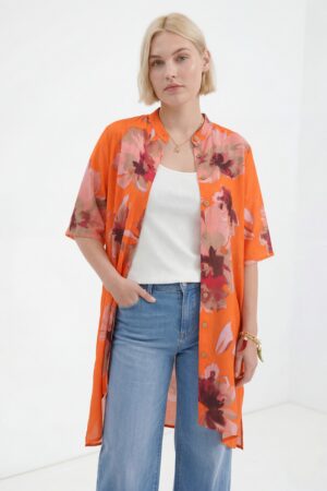 Tunika  JMP plus size – wiskozowo-lniana w pomarańczowe kwiaty